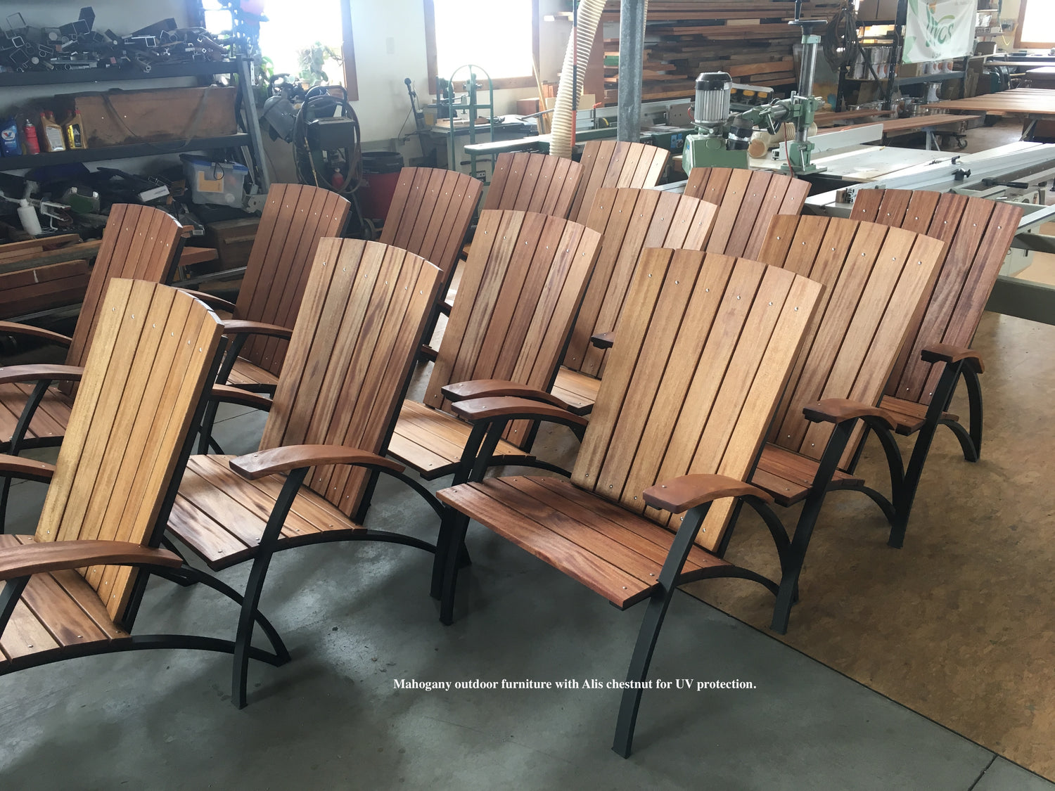 Mahogany outdoor chairs with Alis chestnut for UV protection.